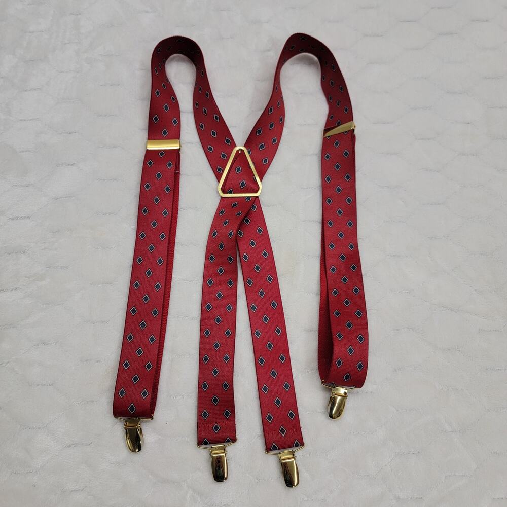 Vintage CAS West Germany Red Silk Suspenders Geometric Diamond Clip-On Braces